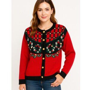 Norton McNaughton Christmas Cardigan Red Holiday Sweater Metal Buttons L